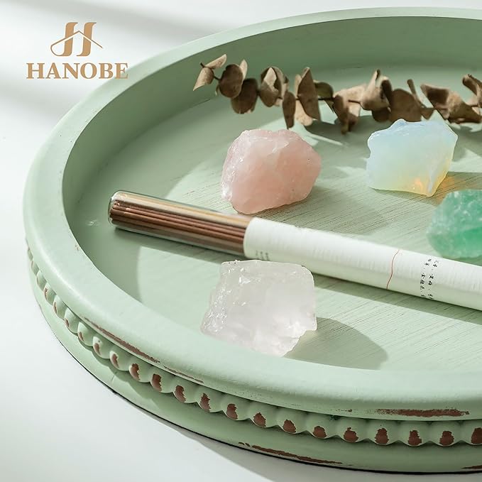 Hanobe Sage Green Decor Tray, Beaded Edge & Distressed Finish | 10.4" round - Image 4