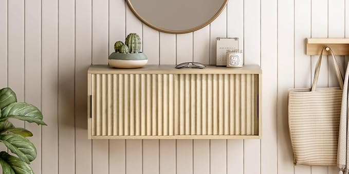 Large Wall Nightstand with Sliding Doors, Modern Fluted Night Stand Storage - Image 7
