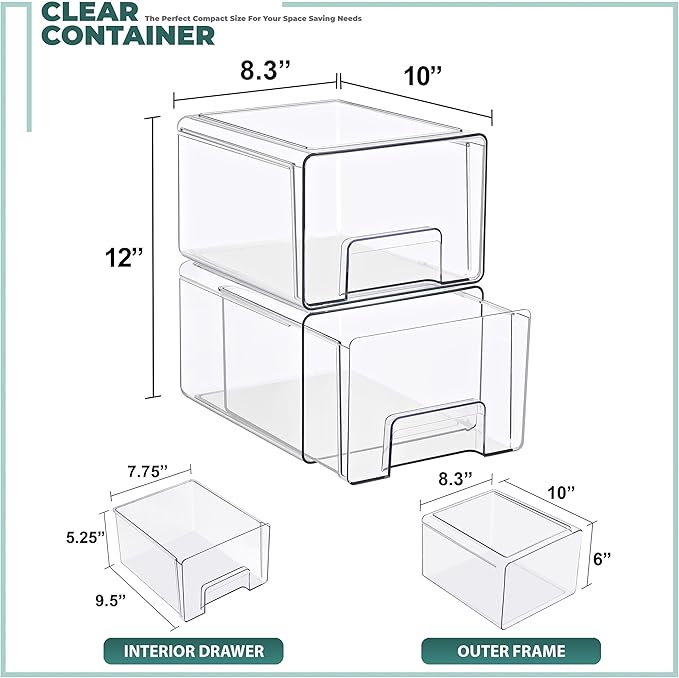 Sorbus Large Clear Stackable Storage Drawers – 2-Pack Plastic Organizer Bins - Image 3