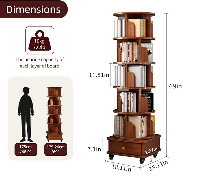 6-Tier Rotating Bookshelf with Storage Cabinet, Walnut Brown | Wood Construction - Image 2