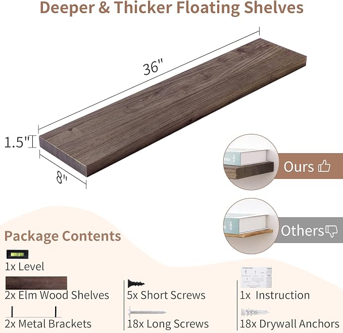 Axeman Floating Shelves for Wall, 8 Inch Deep Rustic Solid Elm Wood Wall - Image 3