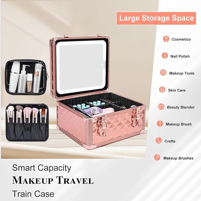 Makeup Box with Led Mirror, Travel Train Hard Case with Rechargeable Mirror - Image 2
