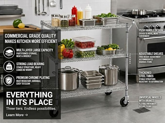 Heavy Duty 3 Tier Rolling Utility Kitchen Cart on Wheels, Large 45"L x 17 1/2"D - Image 3
