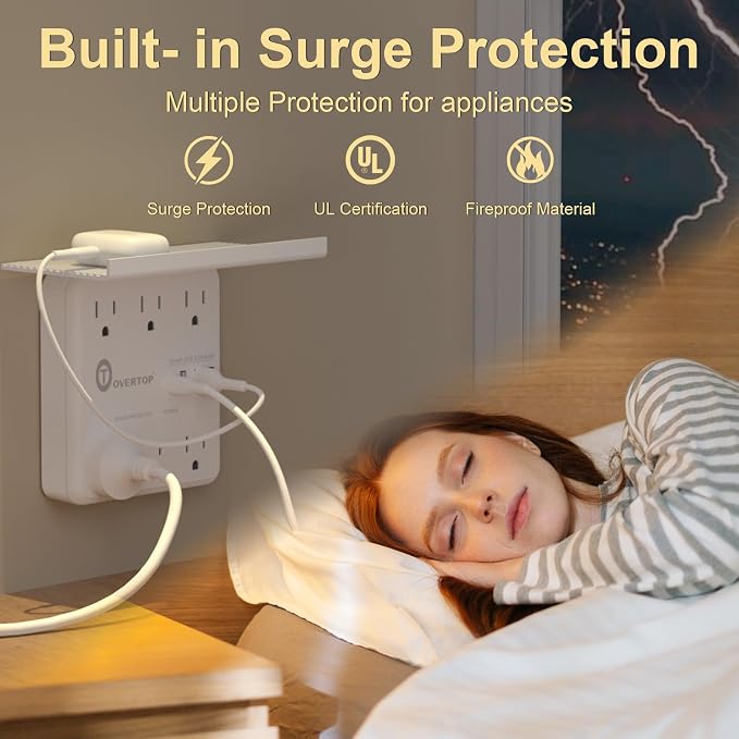 Overtop Power Charger with Shelf, Wall Outlet Extender Surge Protector with 6 - Image 5