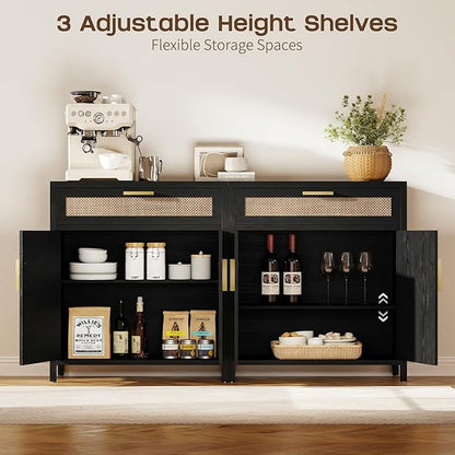 Rattan Buffet Cabinet with Storage Set of 2, Sideboard Cabinet with Doors and - Image 4
