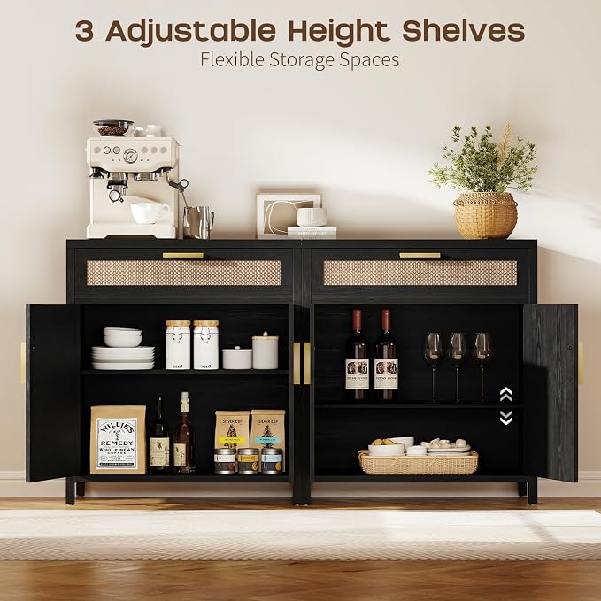Rattan Buffet Cabinet with Storage, Sideboard Cabinet with Doors and Shelves - Image 6