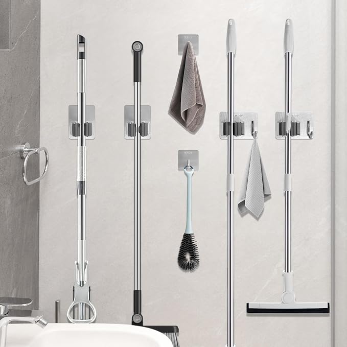 Daily Treasures 6 Pcs Stainless Steel Broom Holder Wall Mount Self Adhesive - Image 4
