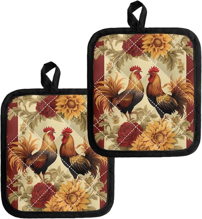 Retro Chicken Rose Gold Sunflower Pot Holders by Jndtueit