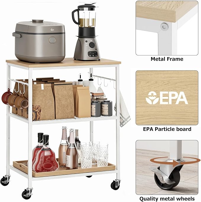 Homleke 3-Tier Rolling Kitchen Microwave Cart, Kitchen Utility Cart on Lockable - Image 2