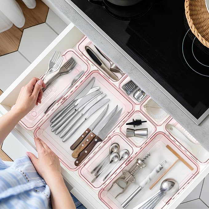 14 Pcs Adjustable Clear Drawer Organizer, Extendable Vanity Storage Bins - Image 8