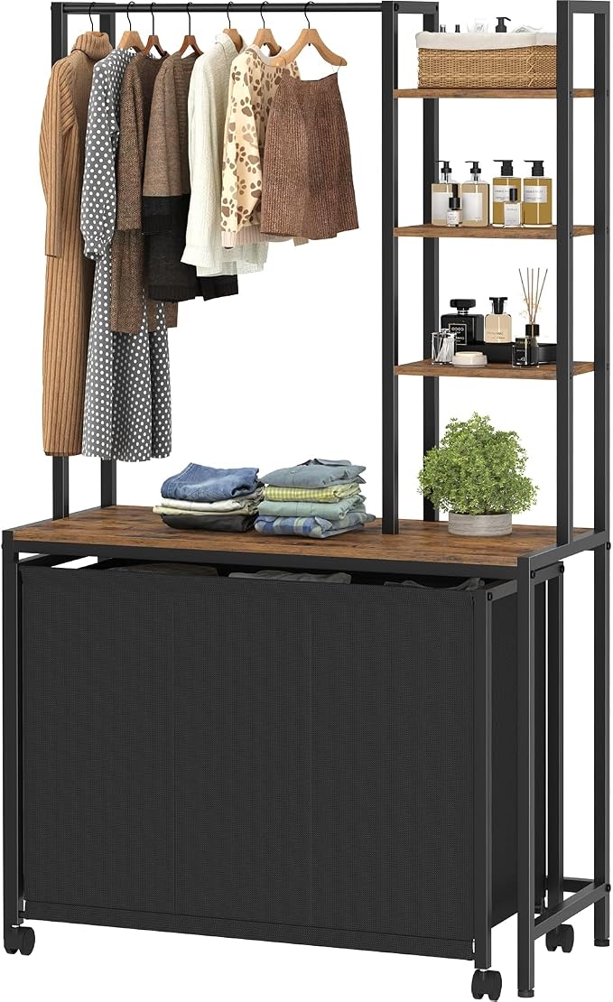 Laundry Hamper with 3 Section Rolling Bags and Shelf, 4 Tiers Tall Laundry by Cresohom
