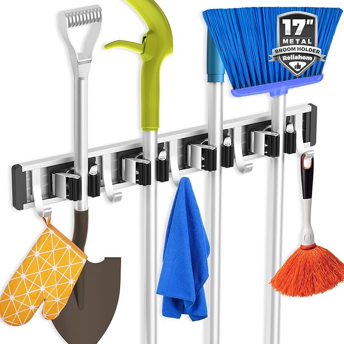 reliahom Broom Holder Wall Mount Mop Hanger Tools organizer 4Racks 5Hooks | by reliahom