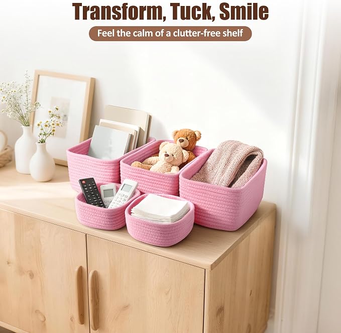 5-Pack Small Woven Rope Storage Baskets, 2 Sizes Organizer Bins | Fabric Cube - Image 5