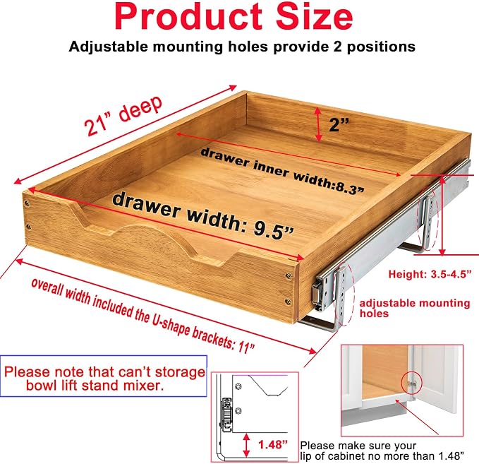 DINDON 1 Tier Pull Out Cabinet Organizer Single Tier Heavy Duty Sliding Wood - Image 2