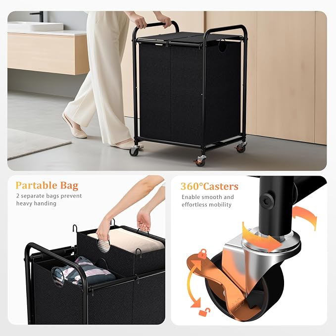 120L Laundry Sorter 2 Section, Rolling Laundry Basket - Image 4