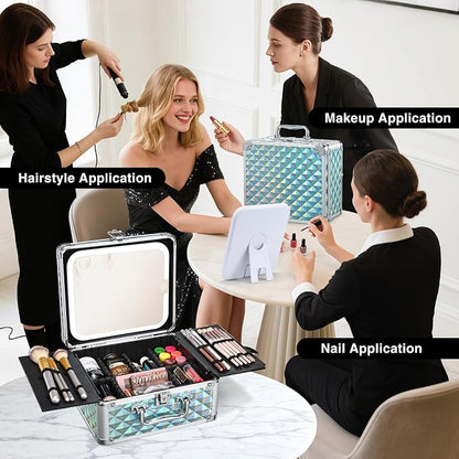 Makeup Case with Magnetic LED Mirror Travel Cosmetic Organizer Portable Makeup - Image 3
