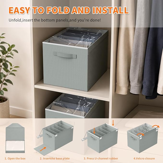 Aokeyee 4 Packs Grey Clothes Organizer 5 Divided Wardrobe Closet Storage | - Image 3