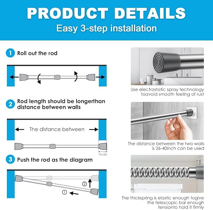 MEXAU 1Pack Spring Tension Curtain Rod 26-39 inch Silver Small Tension Rod | - Image 6