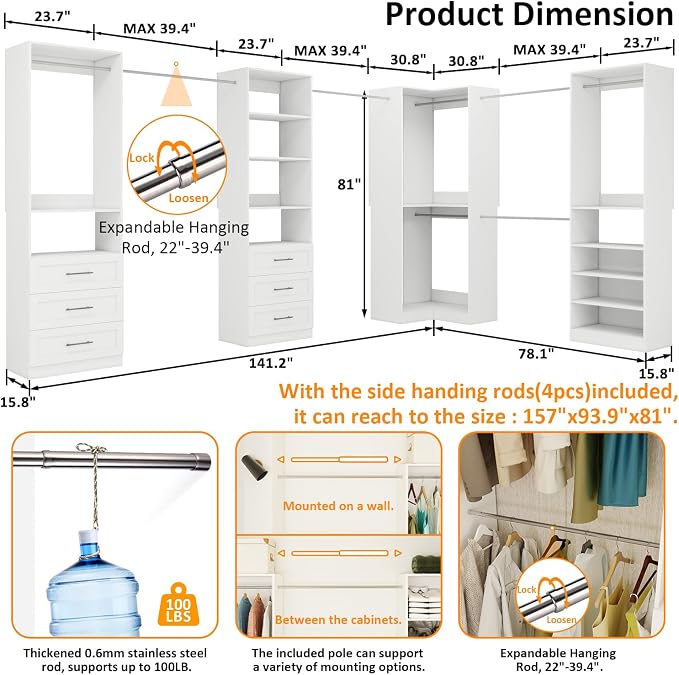 Vomavex Closet System with 4 sets, 101.9" Closet Organizer Systems with 6 - Image 4