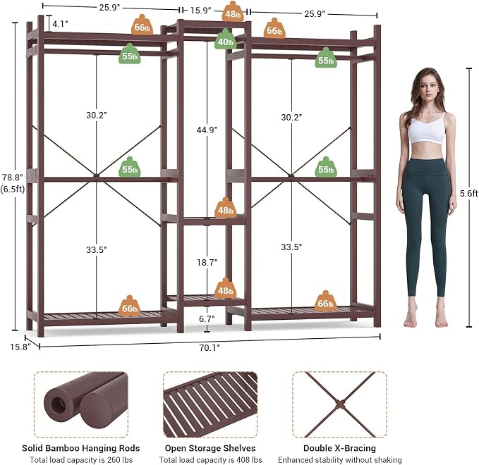 Homykic Bamboo Closet System Clothes Rack, Large Freestanding Garment Rack - Image 5