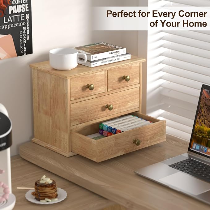 Oak Desk Organizer with Drawers, Durable Wooden Desktop Storage Box | 4 Drawer - Image 4