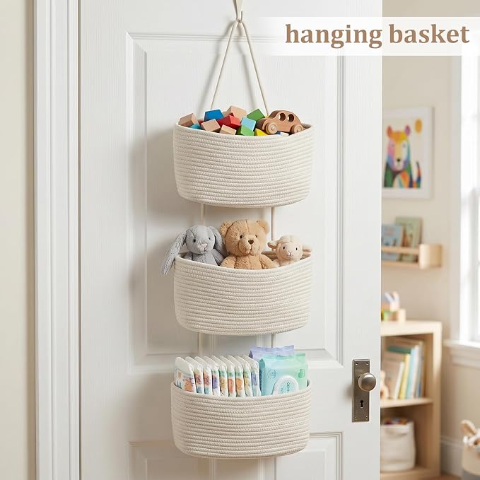 TeoKJ Over the Door Hanging Basket, 3-Tier Woven Cotton Wall-Mounted Storage - Image 4