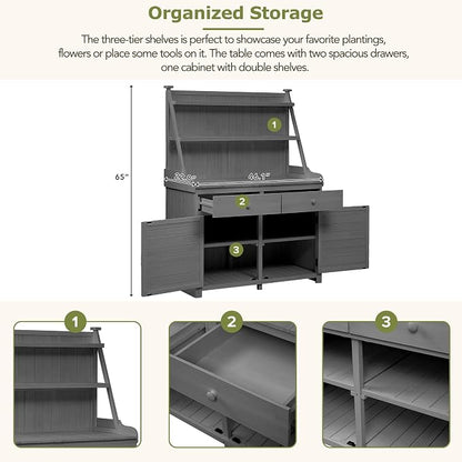 Merax Potting Bench Table with Cabinet and Open Shelves, Garden Potting Bench - Image 4