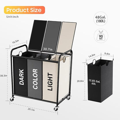 180L Laundry Sorter 3 Section, Rolling Laundry Basket - Image 2