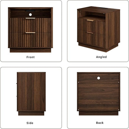Large Fluted Night Stand with Charging Station, 2 Drawers End Table with Storage - Image 7