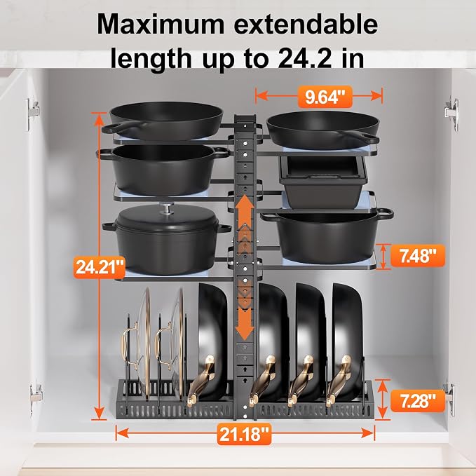 LAMU Pots and Pans Organizer under Cabinet, Adjustable Height Up to 24'' - Image 3
