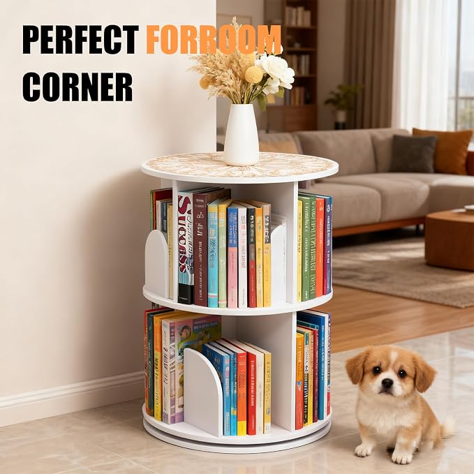 2 Tier Rotating Bookshelf Tower Spinning Bookshelf Revolving 360°Bookcase - Image 6