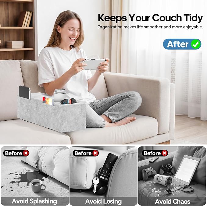 Sofa Armrest Couch Caddy with Cup Holder, Removable Couch Armrest Table Pillow - Image 6