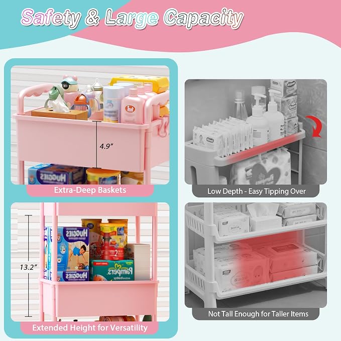 SUNALLY Baby Diaper Caddy Cart, 3 Tier Rolling Diaper Cart - Image 3
