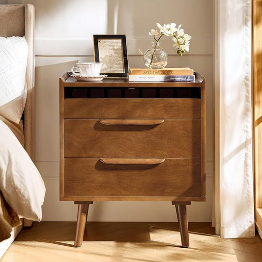 HULALA HOME Nightstand with Charging Station, Mid-Century Modern 2 Drawer and by HULALAHOME