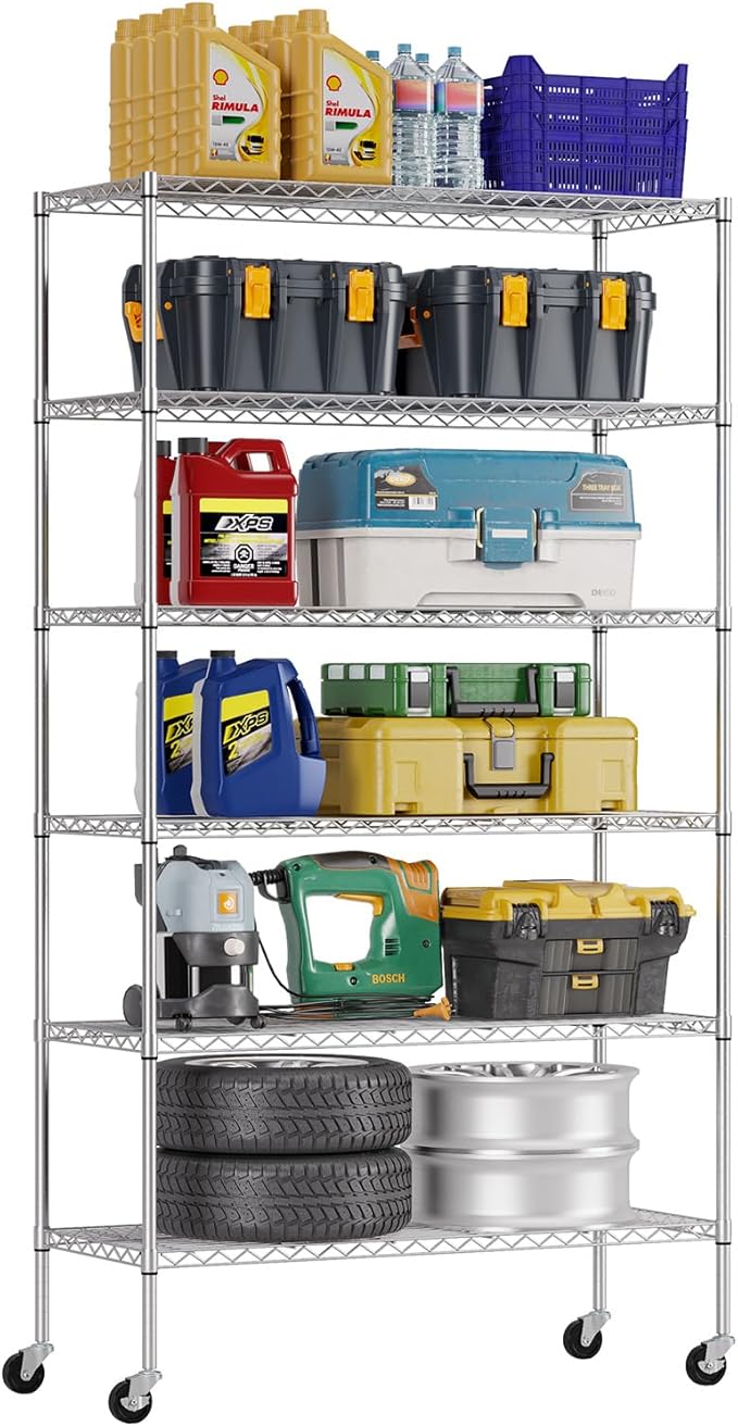 FDW | 6-Tier Wire Shelf with Wheels | 45" x 18" x 82" | Chrome | Storage by FDW