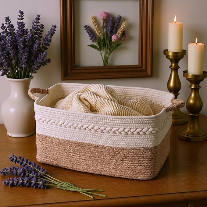 Decorative laundry basket with handles woven from natural cotton rope storage - Image 6