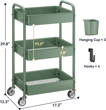 YASONIC 3-Tier Rolling Cart, 66 Pounds Capacity, Mesh Storage Organizer - Image 6