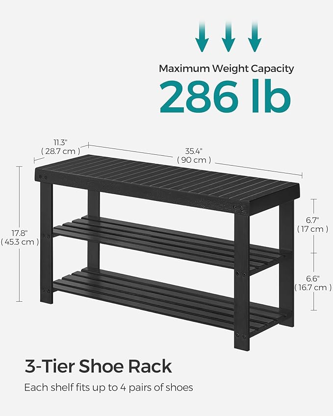 SONGMICS Shoe Rack Bench, 3-Tier Bamboo Shoe Storage Organizer, Entryway Bench - Image 3