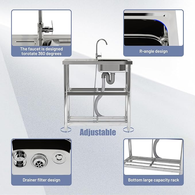 Outdoor Garden Free Standing Utility Stainless Steel Sink, Portable Single Bowl - Image 2