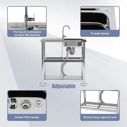 Outdoor Garden Free Standing Utility Stainless Steel Sink, Portable Single Bowl - Image 2