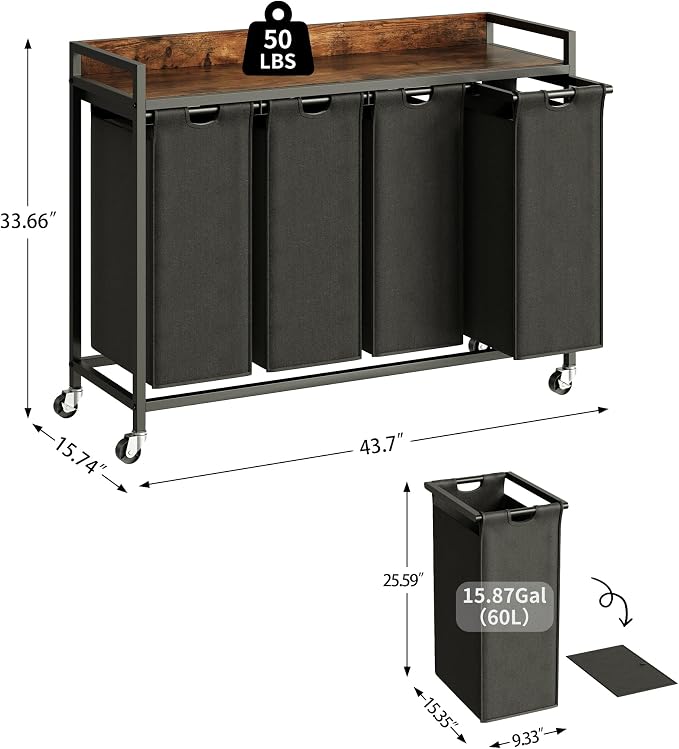 Laundry Hamper with Shelf, Laundry Basket 4 Section, Laundry Sorter with - Image 4