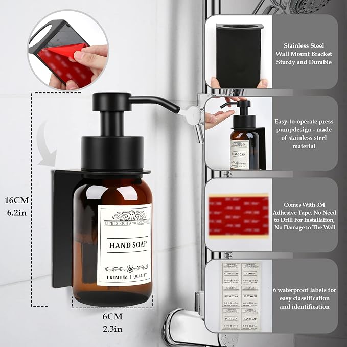 Glass Soap Dispenser with Pump and Wall Mount Holder, 8.5 Oz Shampoo and - Image 4
