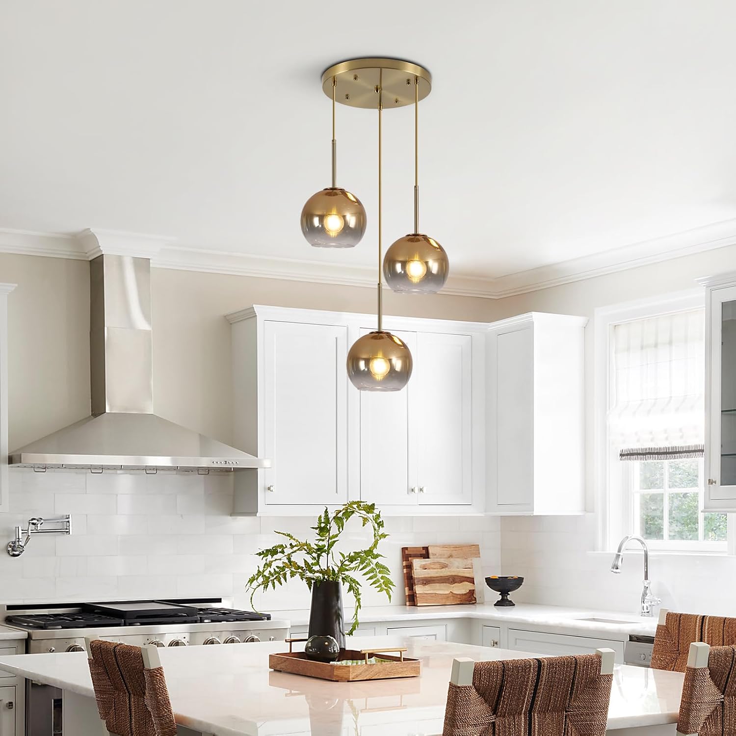 KCO Lighting 3 Light Globe Cluster Pendant Light Modern Glass Cluster Chandelier Gold Glass Pendant Light Fixture Mid Century Dining Room Chandelier Multi Pendant Light Fixture