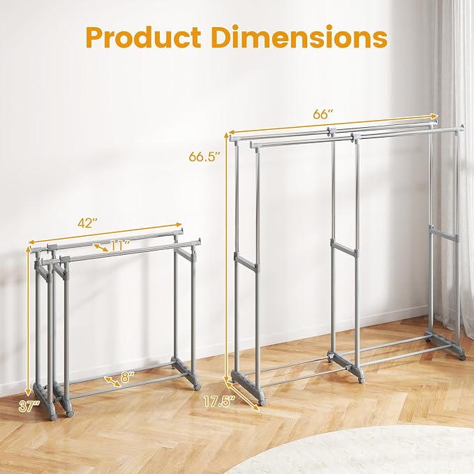 COSTWAY Double Rod Clothing Rack, Heavy-Duty Metal Garment Rack - Image 8