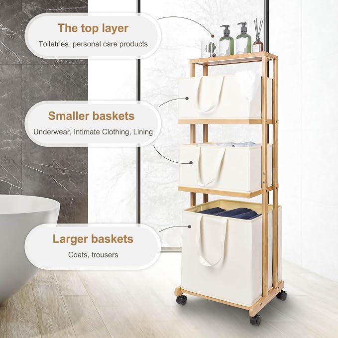 Homde Laundry Basket 3 Tier Bamboo Storage Shelf - Image 4
