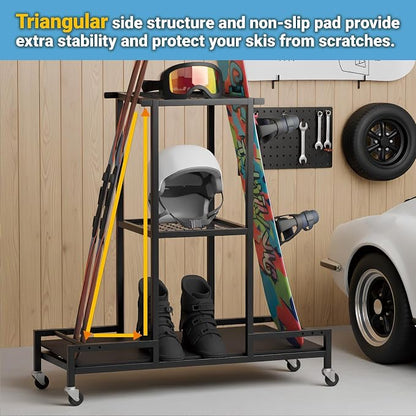 Standing Ski Storage Rack, Holds Snowboards & Skis, 3-Tier Organizer - Image 5