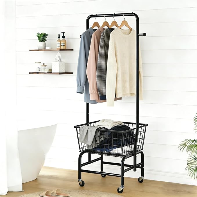 Rolling Laundry Cart with Hanging Rack Metal Laundry Basket with Wheels Laundry - Image 8