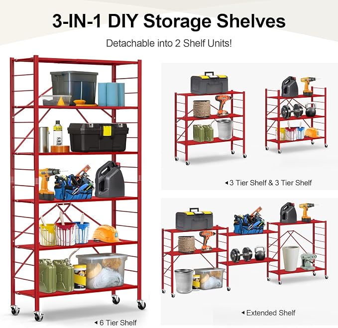 Himix 6-Tier Expandable Storage Shelves Wheels Foldable Rack Red No Assembly - Image 3