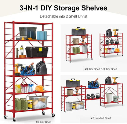 Himix 6-Tier Expandable Storage Shelves Wheels Foldable Rack Red No Assembly - Image 3