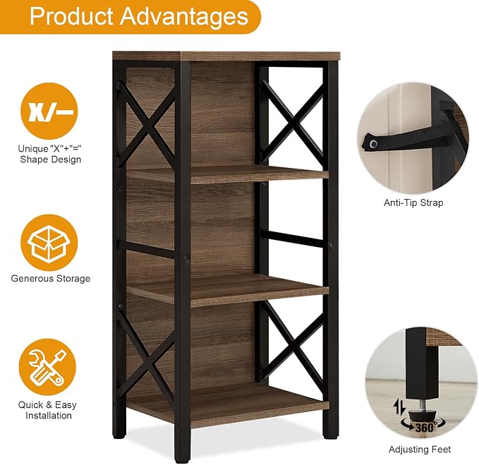 Small Bookshelf, 4 Tier Industrial Bookcase - Image 6